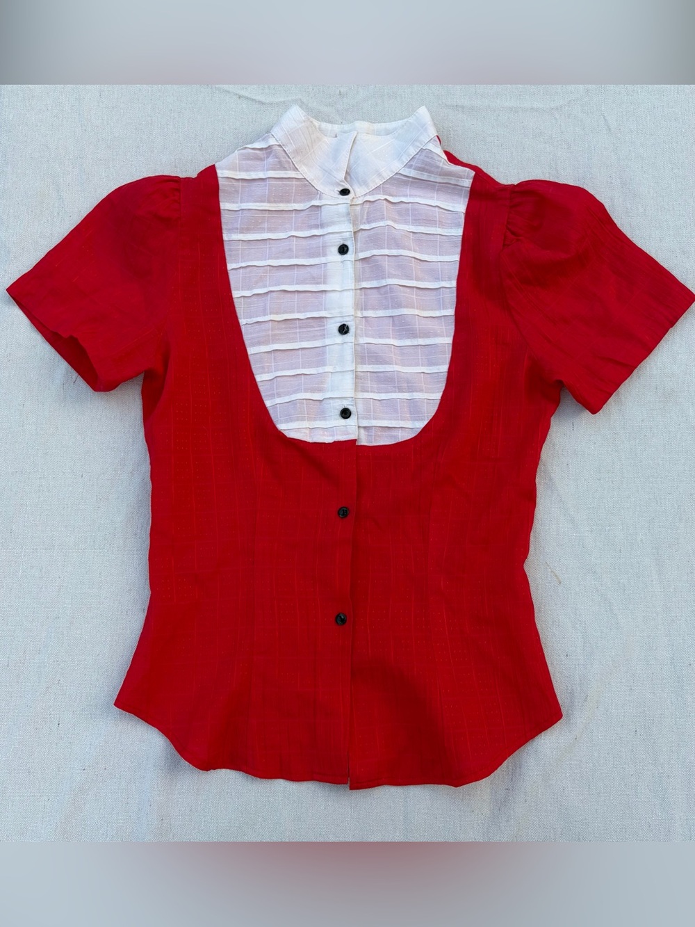 Vintage 70s 80s Red Button Down Blouse w/ White Bib Front, Retro Preppy